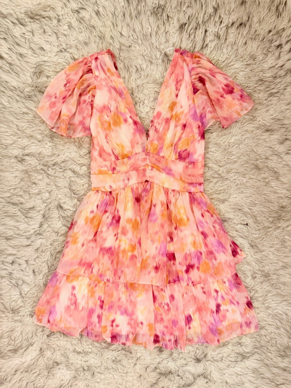 lulus ‘Sunny Evenings’ Lurex Flutter Sleeve Mini Dress - Pink Multi